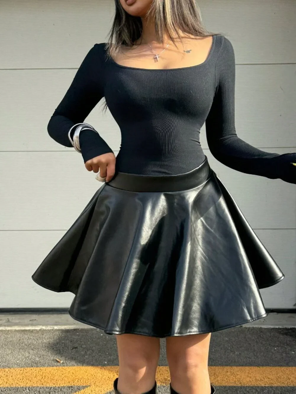 Black Casual Women's Polyurethane Pleated Flare Mini Skirt